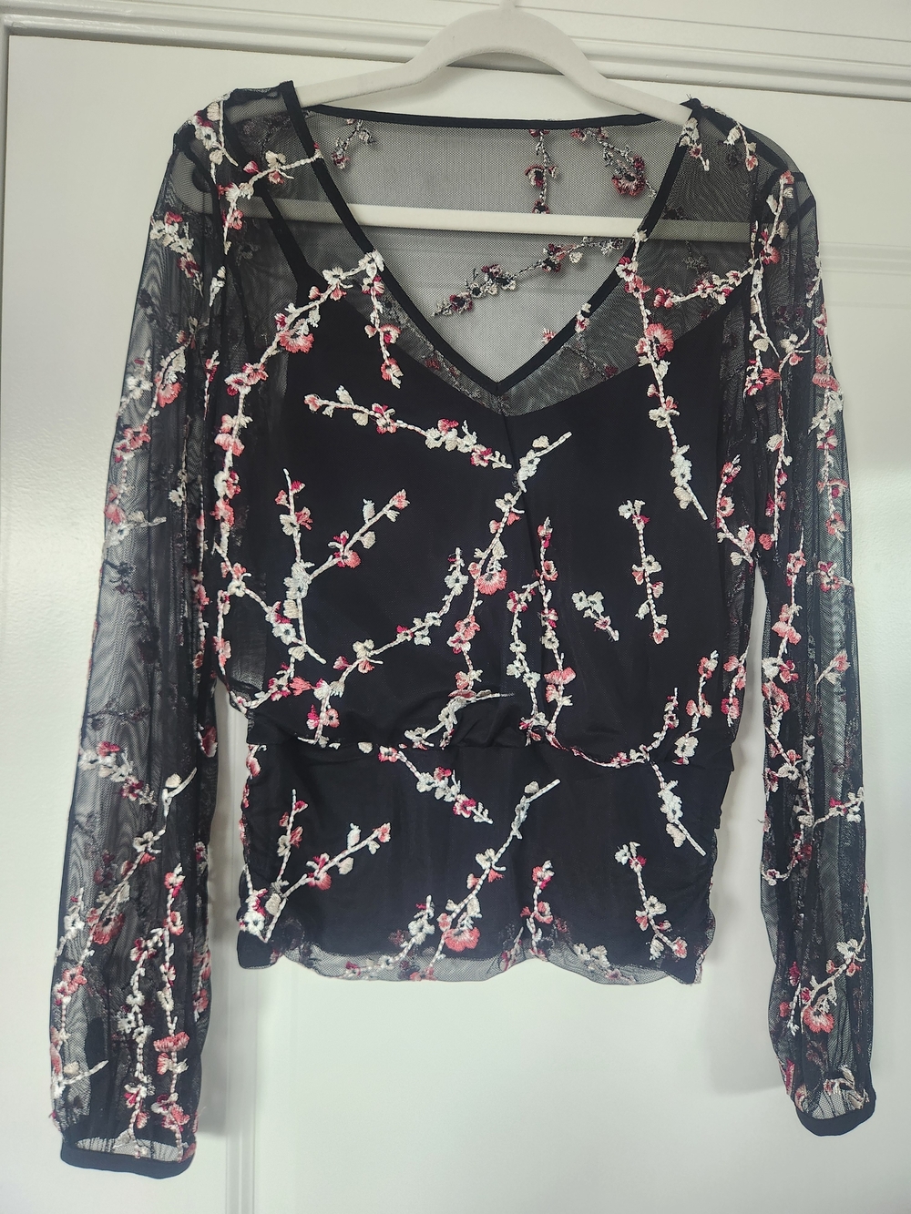 White House Black Market Black Sheer Embroidered Floral V-Neck Blouse - Picture 10 of 10